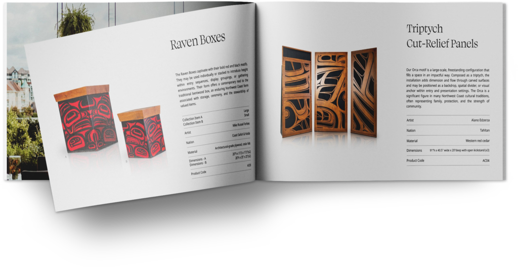 Two pages of a brochure showing Northwest Coast Indigenous art, including raven boxes and triptych cut-relief panels.